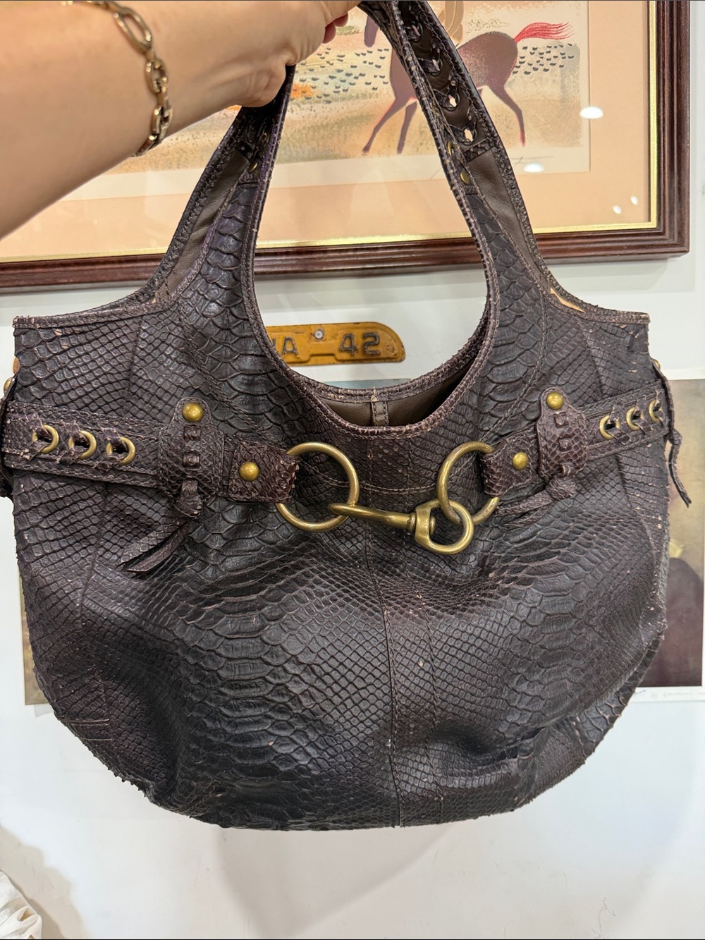 Coach Dark Brown Embossed Leather Shoulder Bag with Brass Hardware 2004